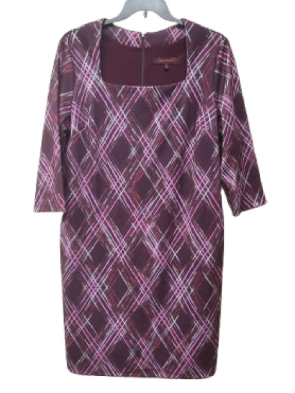 Hal Rubenstein Plus Purple Plaid Sheath Dress 3/4 Sleeves Square Neck